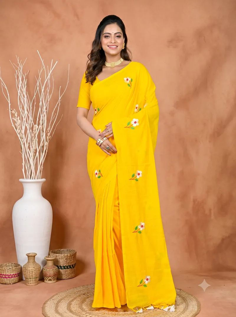 Yellow Pure Cotton Paray Embroidery Handloom saree