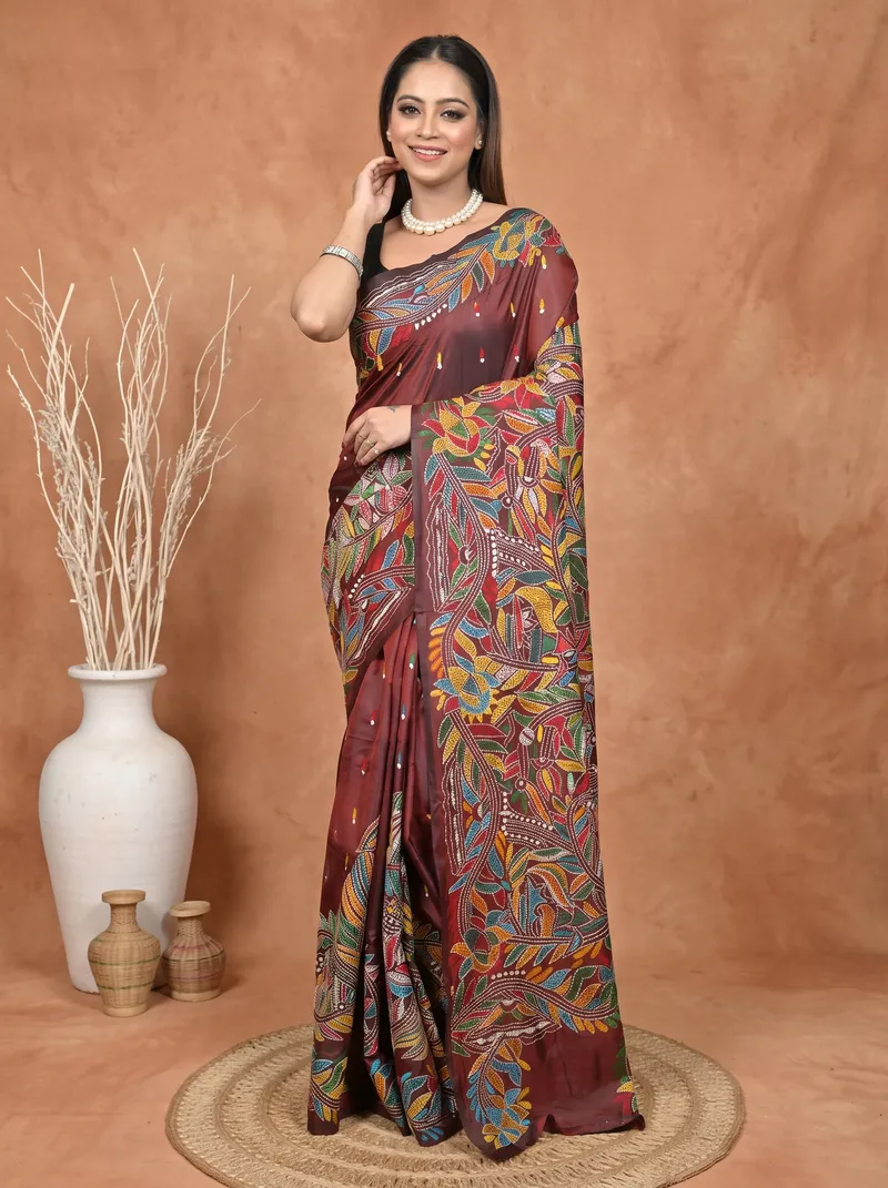 DipDiya Balgalor Art Silk  Artisan Crafted Maroon Traditional Bengali Bolpuri Kantha Stitch Saree