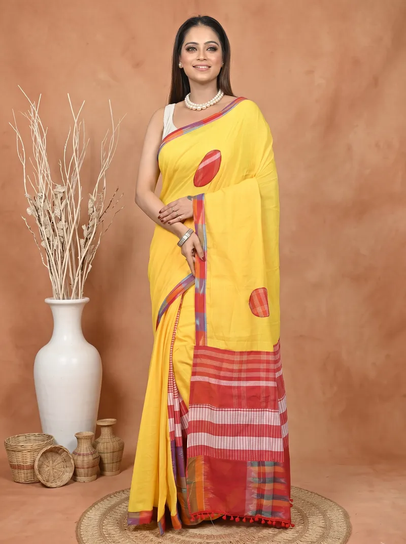 DipDiya Blended Cotton  Artisan Crafted Yellow Red Traditional Bengali Aplika Mix Applique Saree