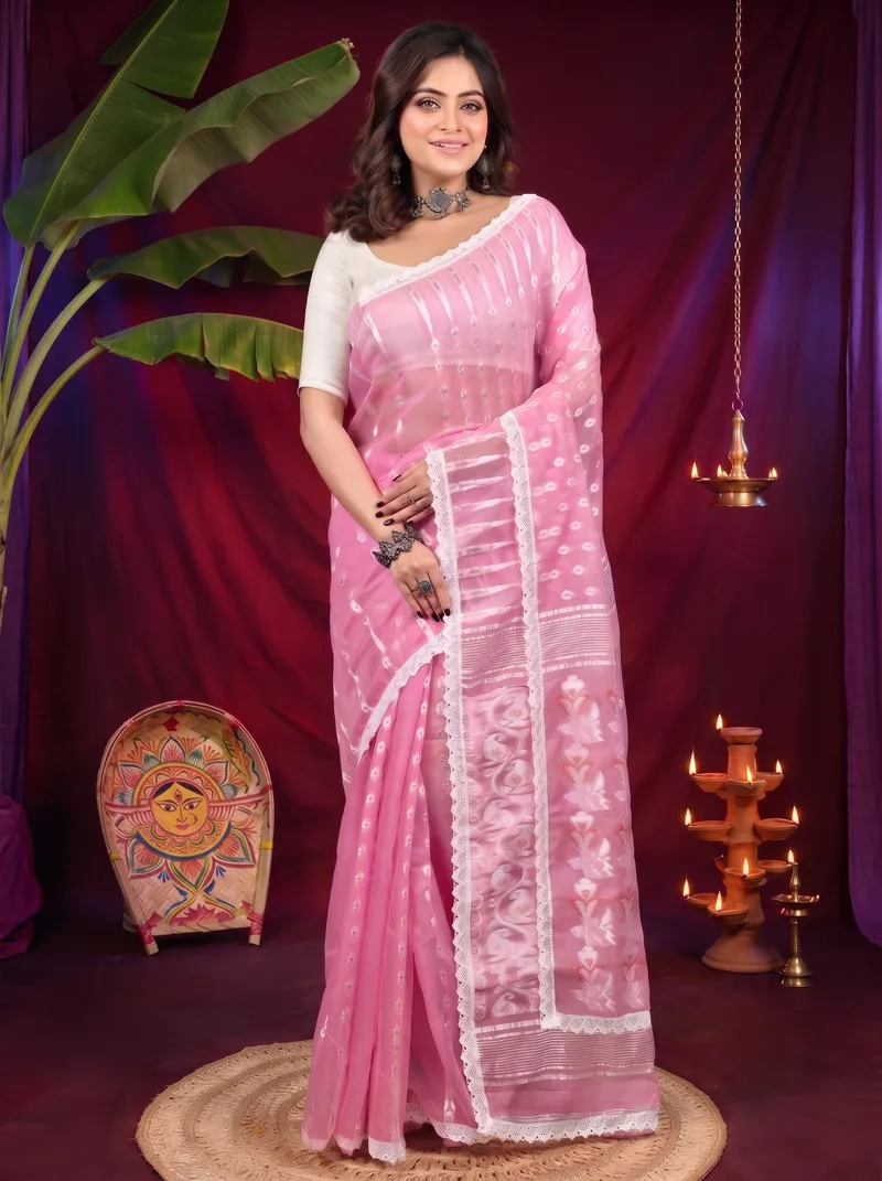 DipDiya Blended Cotton Baby Pink Fipui Wrapped in Heritage Jamdani Sarees