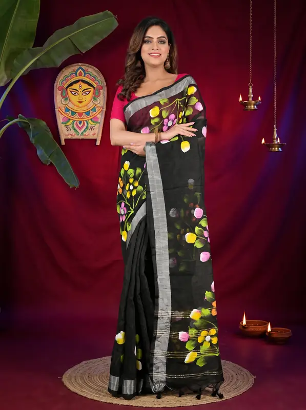 DipDiya Blended Cotton Black Anito Masterfully Woven Hand Painted Sarees