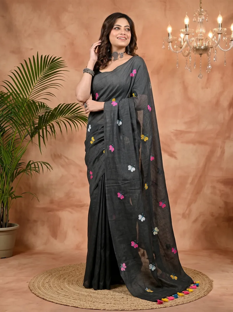 DipDiya Blended Cotton Black Foyeli Loom to Love Embroidery Handloom sarees