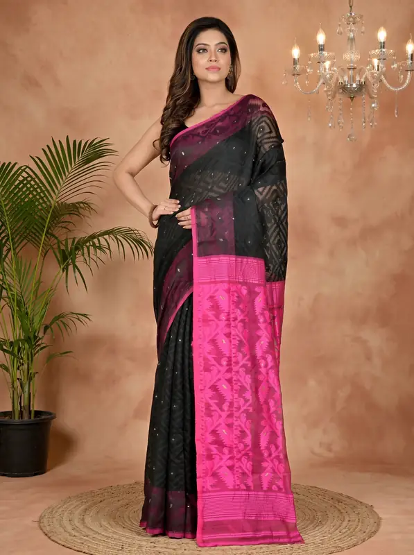 DipDiya Blended Cotton Black Purple Krokai A Legacy Woven Jamdani Sarees