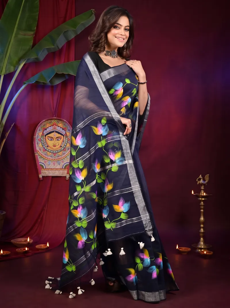 DipDiya Blended Cotton Blue Finesi Heritage You Can Wear Hand Painted Sarees