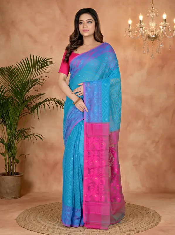 DipDiya Blended Cotton Blue Purple Krokai Artisan Crafted Jamdani Sarees