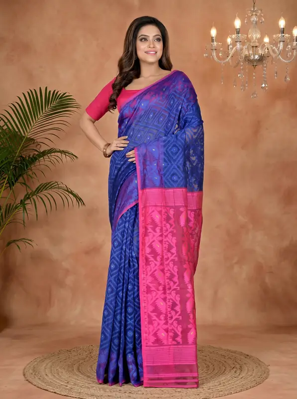 DipDiya Blended Cotton Blue Purple Krokai Bengal in Every Thread Jamdani Sarees