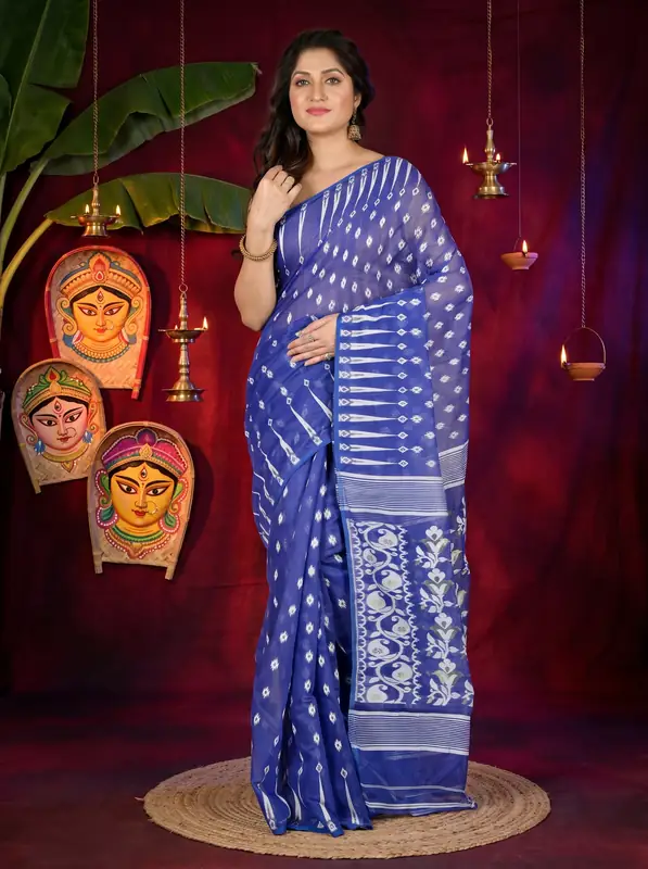 DipDiya Blended Cotton Blue Rapial Heritage You Can Wear Jamdani Sarees