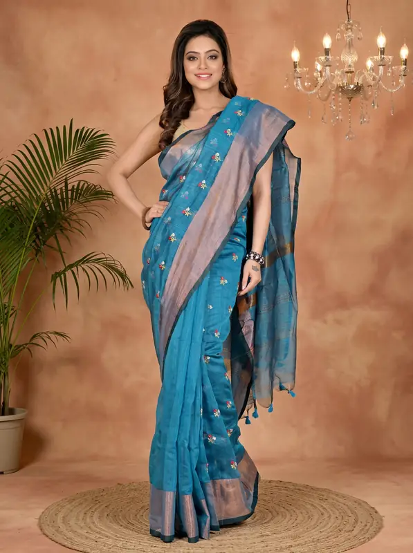DipDiya Blended Cotton Blue Slabaka Moli Artisan Woven Handloom Sarees