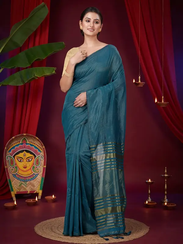 DipDiya Blended Cotton Botel Green Tama Traditional Bengali Handloom Sarees