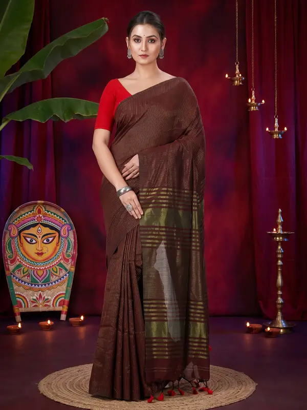 DipDiya Blended Cotton Brown Tama Woven with Love Handloom Sarees