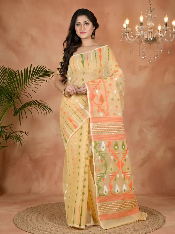 DipDiya Blended Cotton Cream Rapkol Tradition in Every Thread Jamdani Sarees
