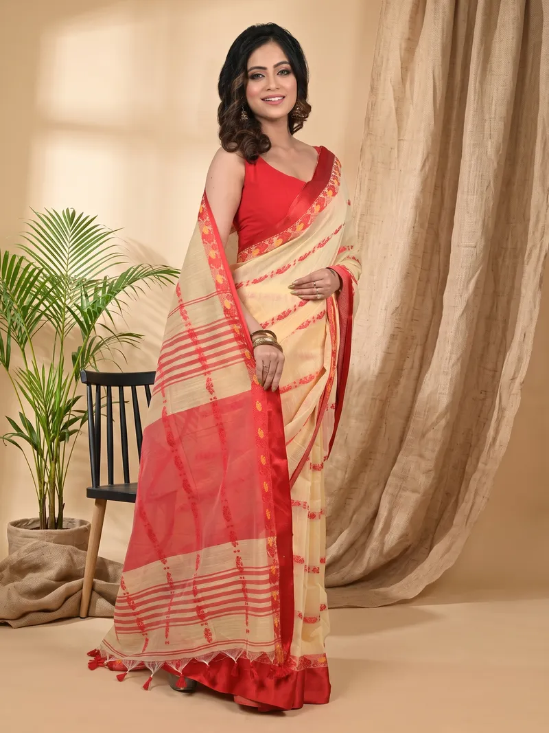 DipDiya Blended Cotton Cream Red Achsit Bengal’s Legacy Handloom Sarees