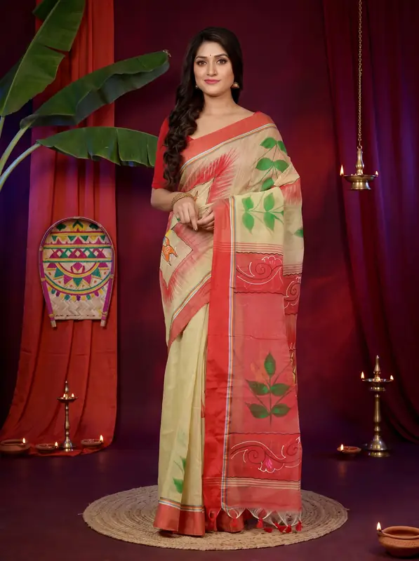 DipDiya Blended Cotton Cream Red Albela Regal Bengali Hand Painted Sarees