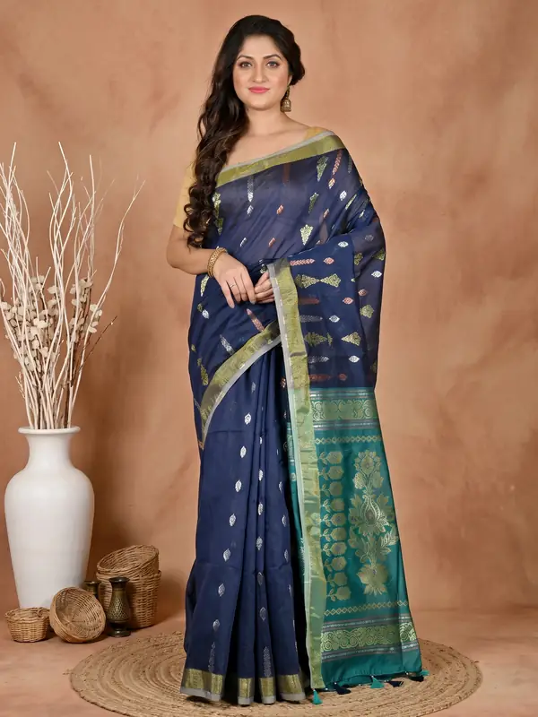 DipDiya Blended Cotton Dark Blue Samo Heritage Elegance Handloom Sarees