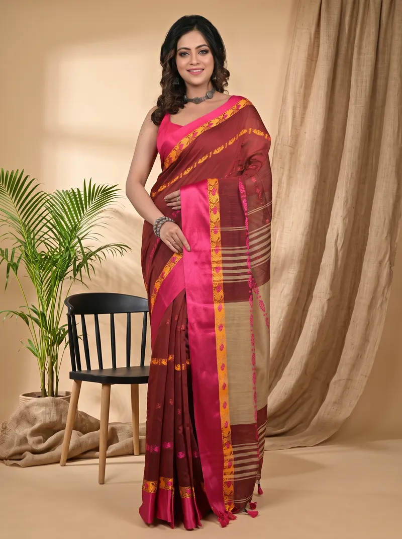 DipDiya Blended Cotton Dark Brown Achsit A Legacy Woven Handloom Sarees