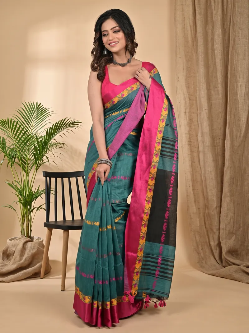 DipDiya Blended Cotton Dark Green Achsit Artisan Crafted Handloom Sarees