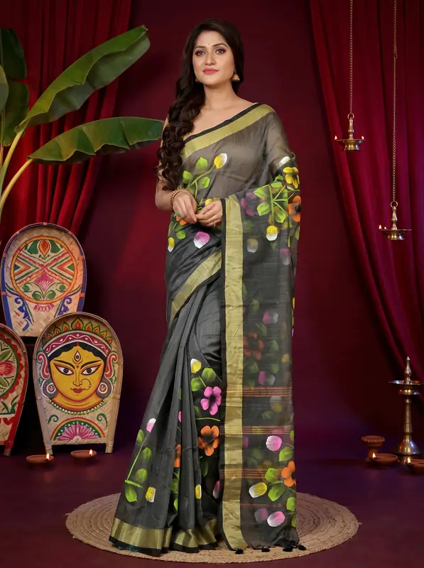 DipDiya Blended Cotton Dark Green Anito Tradition in Every Thread Hand Painted Sarees