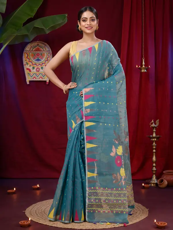 DipDiya Blended Cotton Dark Green Pilu Rooted in Bengal Handloom Sarees