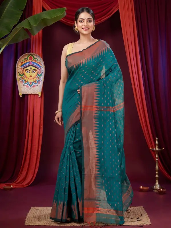 DipDiya Blended Cotton Dark Green Prisha Heritage of Bengal Handloom Sarees
