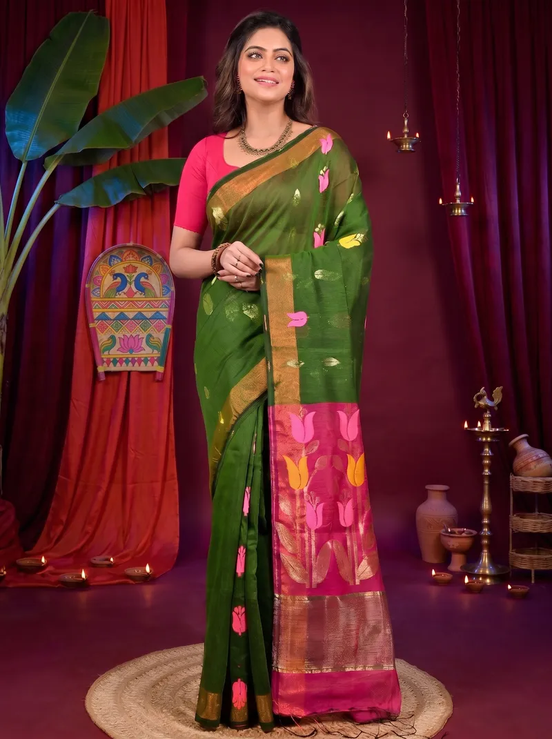 DipDiya Blended Cotton Dark Green Purpel Foyani Heritage Elegance Handloom Sarees