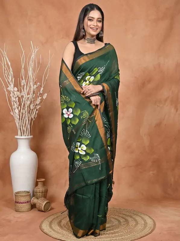 DipDiya Blended Cotton Dark Green Samvi Heritage of Bengali Hand Painted Sarees