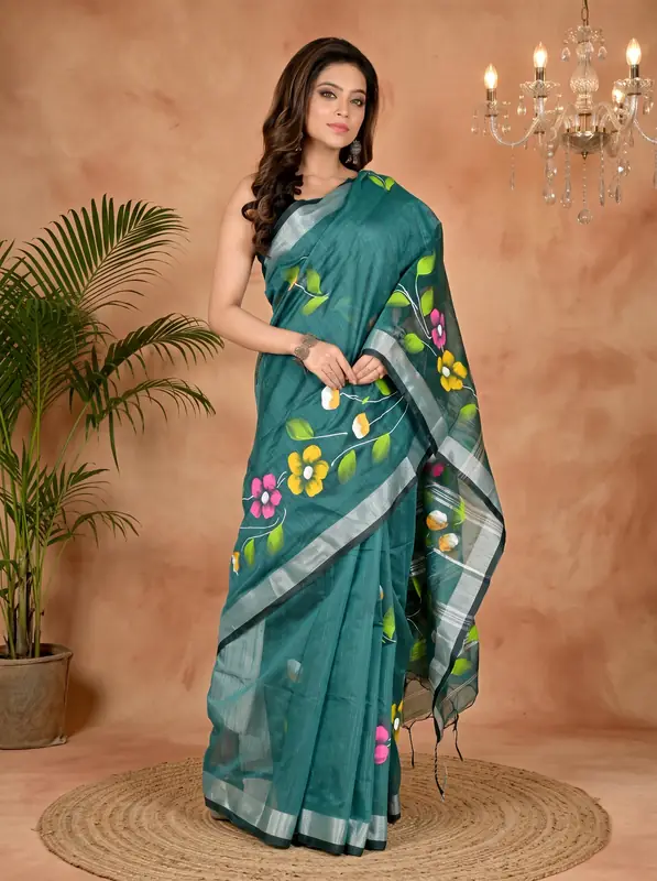 DipDiya Blended Cotton Dark Green Slabaka Ful Grace of Bengal Hand Painted Sarees