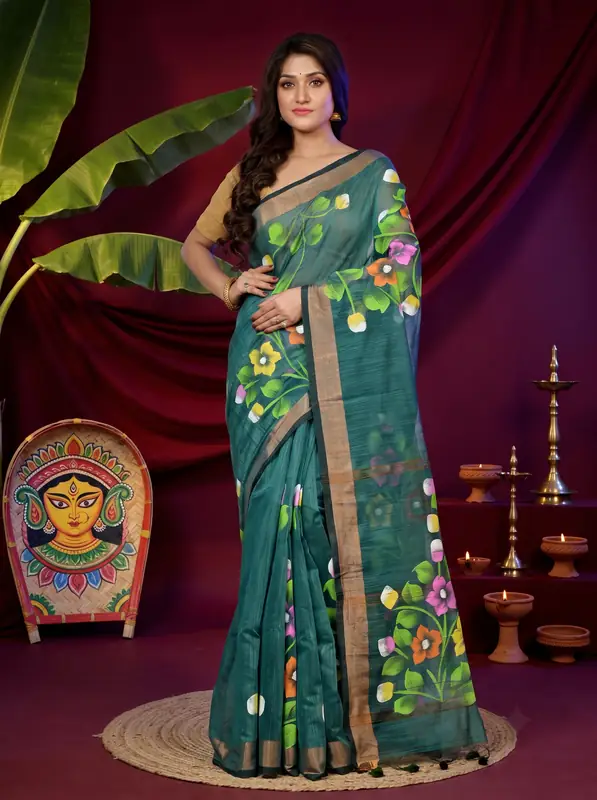 DipDiya Blended Cotton Green Anito Traditional Elegance Hand Painted Sarees