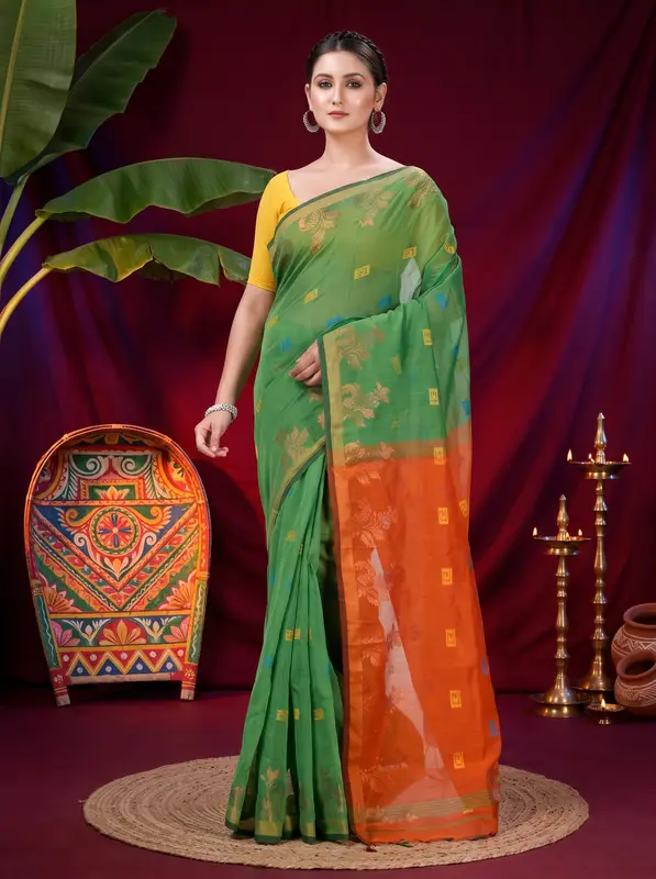 DipDiya Blended Cotton Green Banu Bengal’s Legacy Handloom Sarees