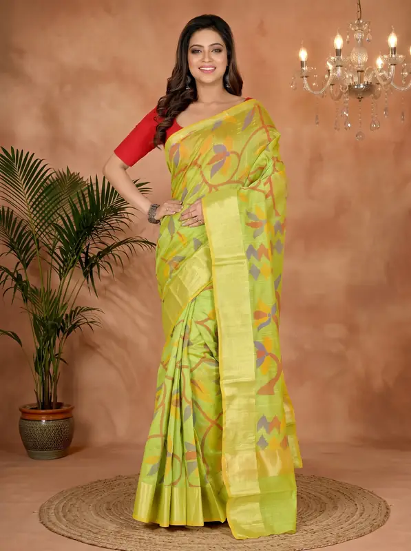 DipDiya Blended Cotton Green Narento Timeless Elegance Handloom Sarees