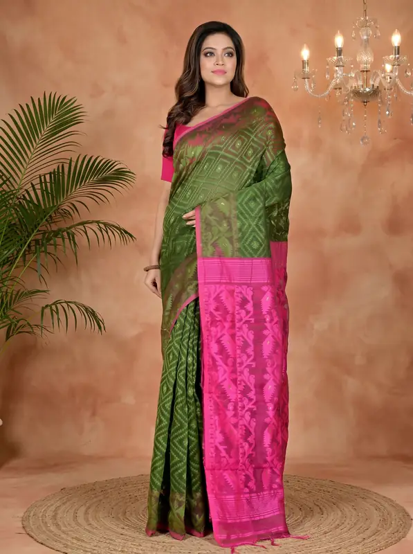 DipDiya Blended Cotton Green Purple Krokai Bengal’s Legacy Jamdani Sarees