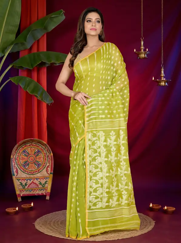 DipDiya Blended Cotton Green Rapial Threads of Tradition Jamdani Sarees