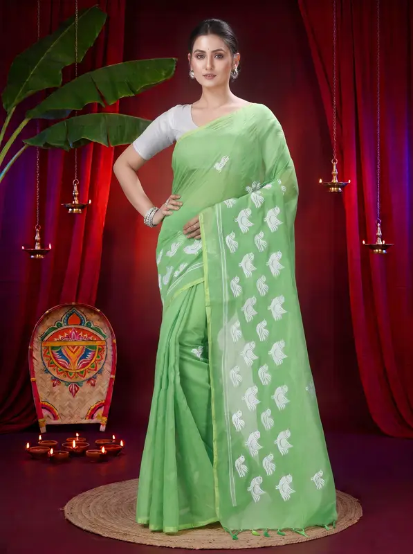 DipDiya Blended Cotton Green Thulasi Threads of Tradition Handloom Sarees