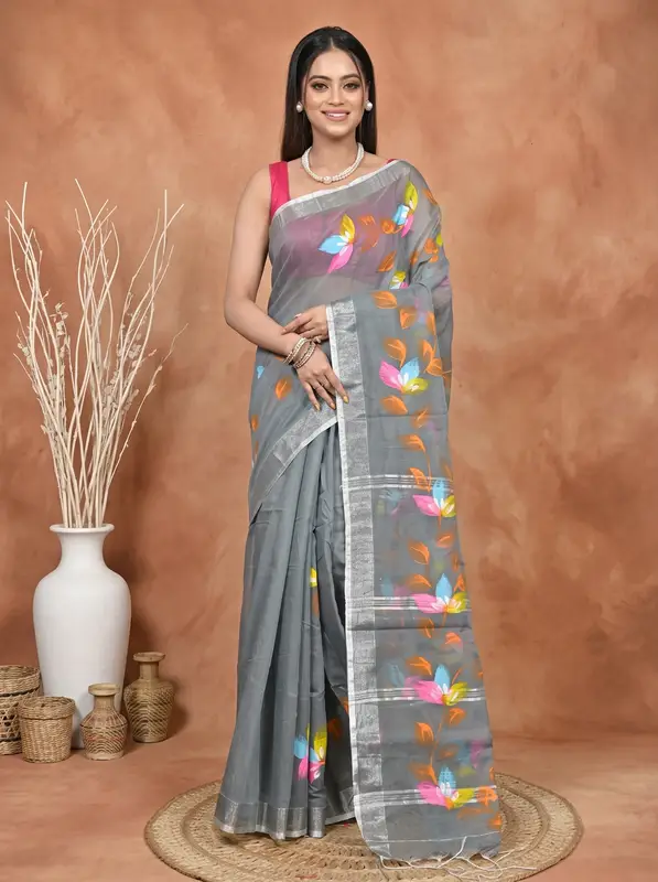 DipDiya Blended Cotton Grey Finesi Heritage of Bengali Hand Painted Sarees