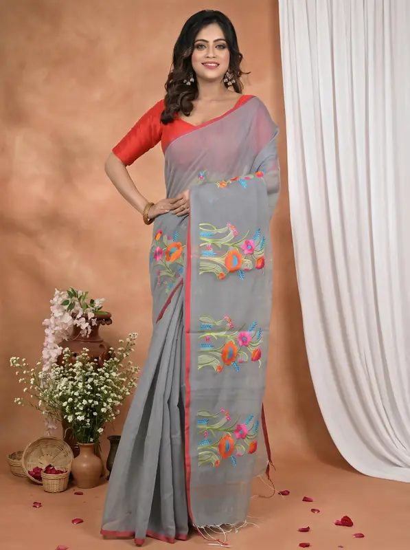 DipDiya Blended Cotton Grey Himika Artisan Woven Embroidery Handloom sarees