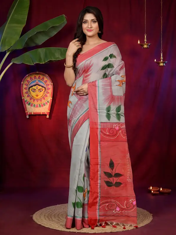 DipDiya Blended Cotton Grey Red Albela Stories of Bengal Hand Painted Sarees