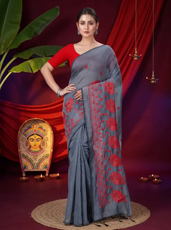 DipDiya Blended Cotton Grey Tabu Woven with Tradition Handloom Sarees