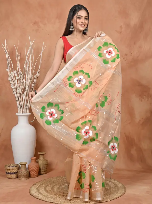 DipDiya Blended Cotton Light Brown Samvi Heritage of Bengali Hand Painted Sarees