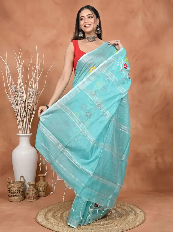 DipDiya Blended Cotton Light Green Samyra Heritage of Bengali Embroidery Handloom sarees