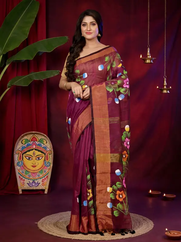 DipDiya Blended Cotton Maroon Anito Timeless Elegance Hand Painted Sarees