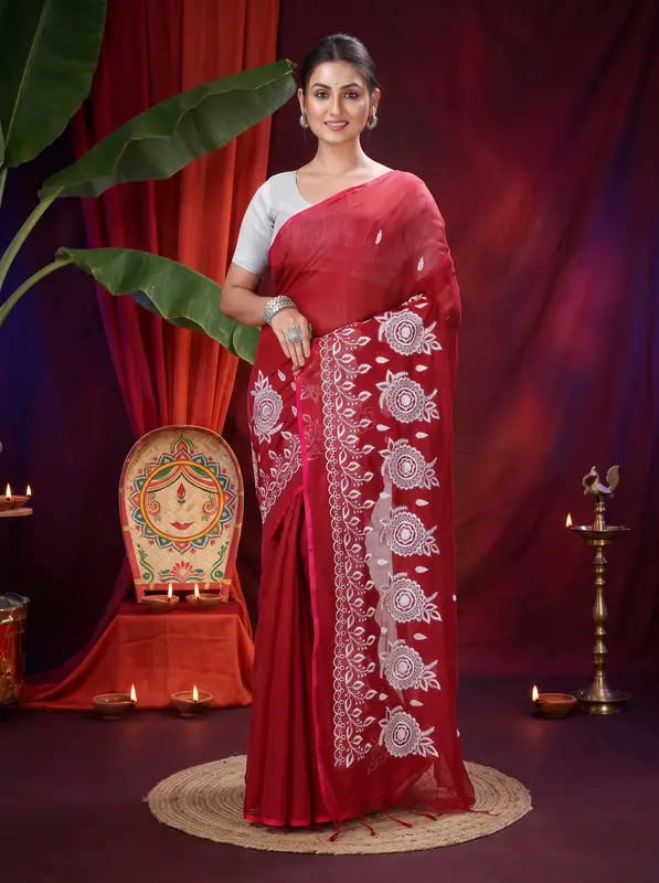 DipDiya Blended Cotton Marun Tabu Woven with Love Handloom Sarees