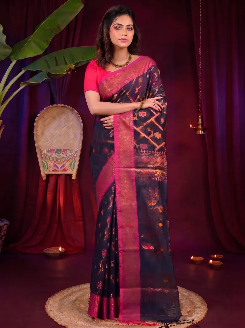 DipDiya Blended Cotton Naby Blue Dinui Heritage You Can Wear Handloom Sarees