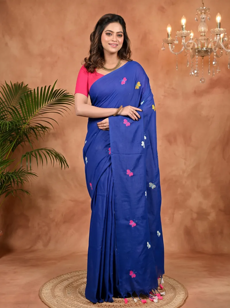 DipDiya Blended Cotton Naby Blue Foyeli Stories of Bengal Embroidery Handloom sarees