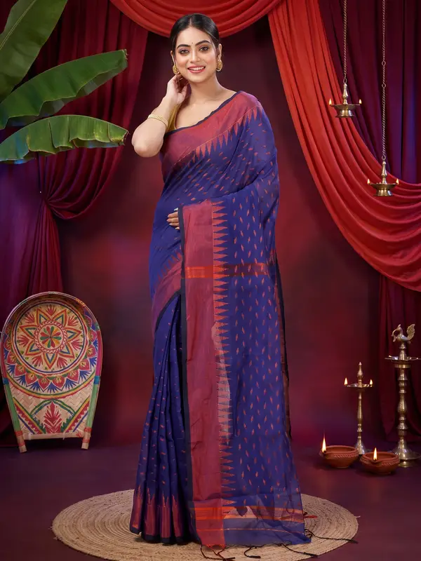 DipDiya Blended Cotton Naby Blue Prisha Masterfully Woven Handloom Sarees
