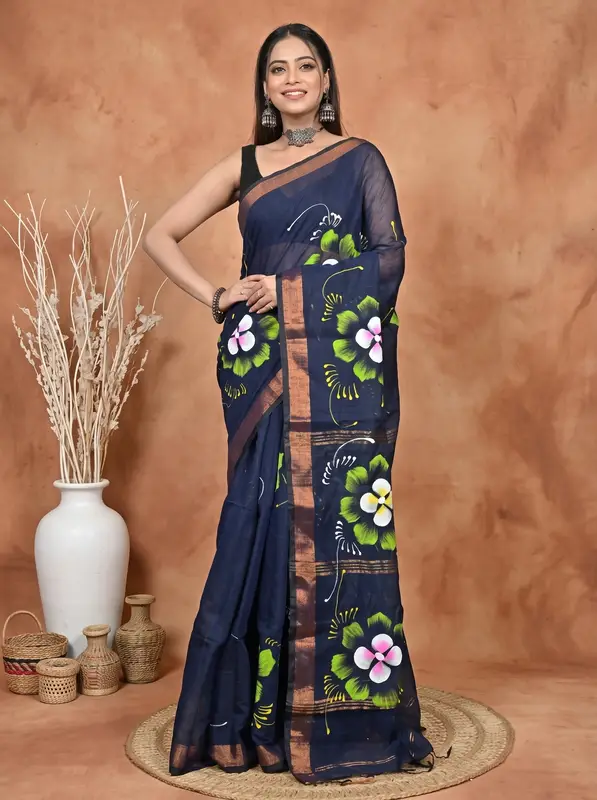 DipDiya Blended Cotton Naby Blue Samvi Heritage of Bengali Hand Painted Sarees
