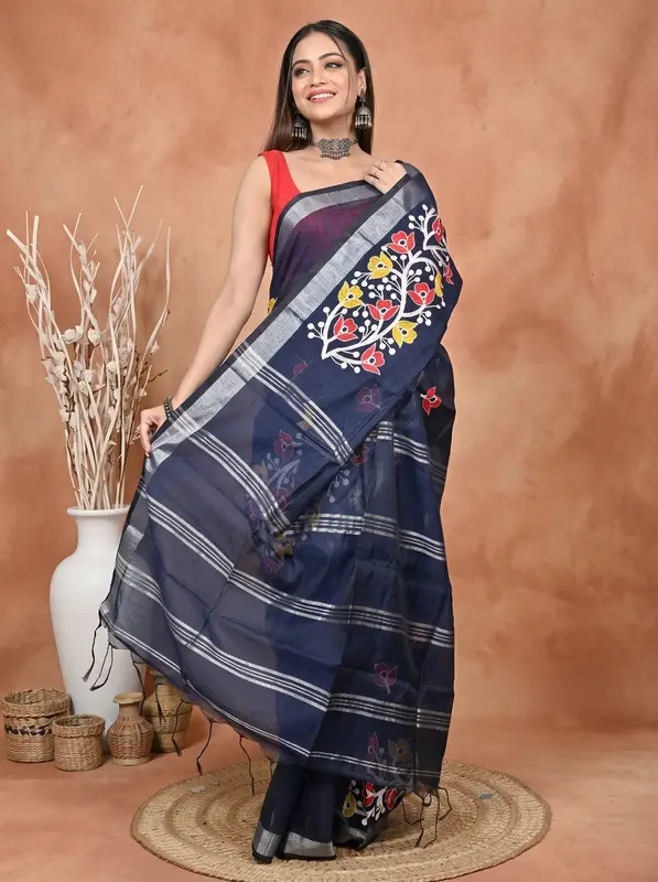 DipDiya Blended Cotton Naby Blue Samyra Heritage of Bengali Embroidery Handloom sarees