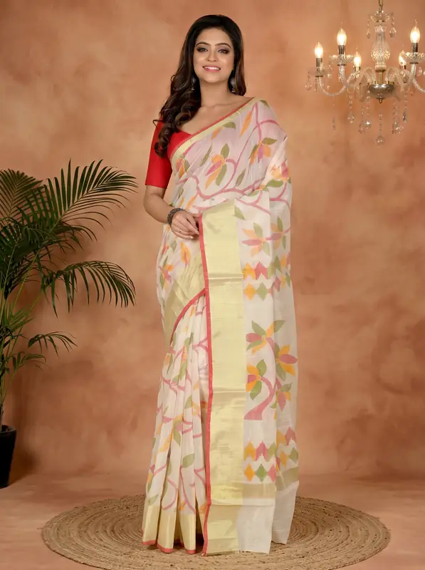 DipDiya Blended Cotton Off White Narento Threads of Tradition Handloom Sarees