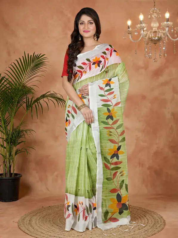 DipDiya Blended Cotton Olive Green Korel Elegance in Every Weave Printed Handloom Sarees