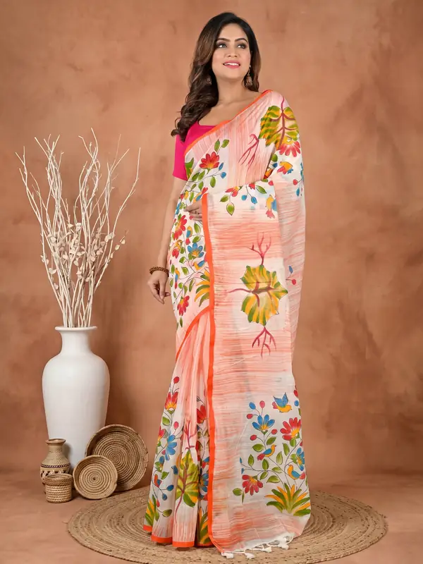DipDiya Blended Cotton Orange Korma Heritage of Bengal Printed Handloom Sarees