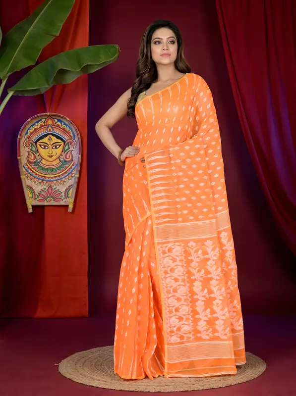 DipDiya Blended Cotton Orange Rapial Rooted in Bengal Jamdani Sarees