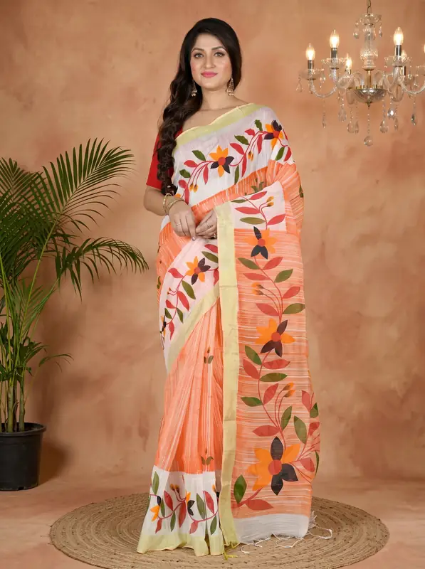 DipDiya Blended Cotton Orange White Korel Essence of Bengal Printed Handloom Sarees